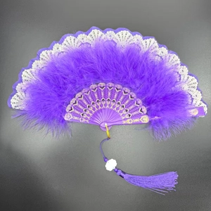 Detail showing plush purple feathers, silver lace trim, and golden patterns on the fan handle