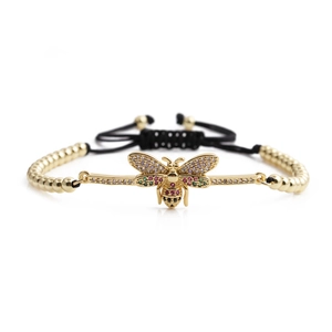 Bracelet abeille doré ajustable avec zircons colorés et cordon noir pour femmes