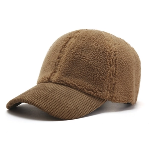 Brown sherpa and corduroy patchwork baseball cap for autumn winter warmth