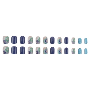 Morandi blue floral press-on nails with glitter and wave patterns in short square shape