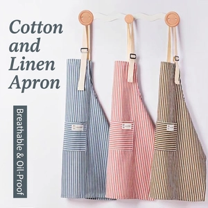 Linen cotton striped aprons for women in blue, pink, and brown for kitchen use