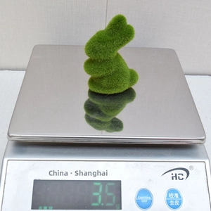 Detailed view of a green moss rabbit ornament on a digital scale weighing 3.5g