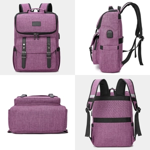 Detailed views of purple laptop backpack showing USB port, front pocket and buckles