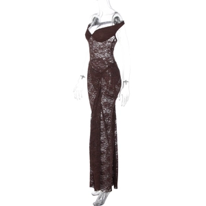 Close-up detail of sheer brown lace fabric and intricate floral texture on a long dress