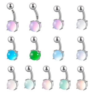 Detail showing various 14G stainless steel belly rings with colorful synthetic opal stones