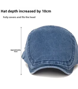 Detail view of 10cm deep denim flat cap showing washed fabric texture and stitch craft