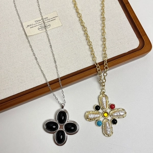 French vintage gold plated cross necklace featuring colorful gemstones and baroque pearls