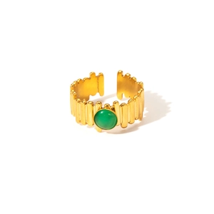 Macro shot of 18K gold-plated striped ring featuring an oval green natural stone inlay