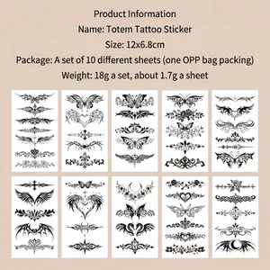 Set of 10 black totem temporary tattoo stickers featuring floral and wing designs