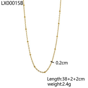 Detail of 38+2+2cm gold bead chain necklace showing dimensions and polished finish