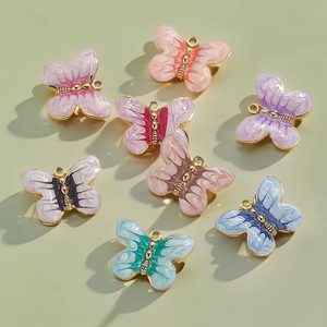 Colorful butterfly pendants in stainless steel with enamel marble texture for DIY jewelry