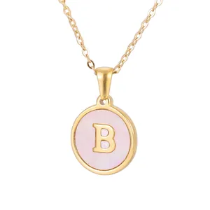 Initial Necklace Round Pendant Pink Shell 18K Gold Plated Stainless Steel Minimalist Daily Fashion Jewelry For Women