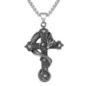 Gothic dragon and skull cross necklace in vintage silver finish with metallic chain