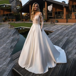 Elegant Long Sleeve Lace Satin Wedding Dress A-Line Bridal Gown With Long Train Back Buttons High Waist Ivory