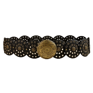 Bohemian style western leather belt with baroque floral buckle on white background