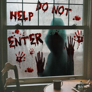 Creepy bloody handprints and Do Not Enter text on window glass for Halloween decor