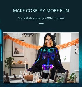 Detail of hooded skeleton cloak with neon bone prints for Halloween cosplay parties