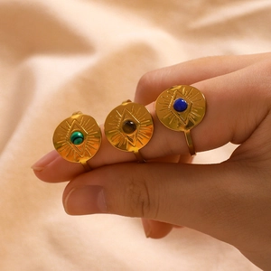 Vintage 18K gold plated stainless steel rings with natural tiger eye and turquoise