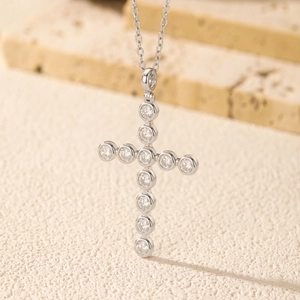 925 sterling silver cross necklace with round cut moissanite stones in silver finish