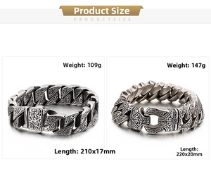 Size specifications for men's vintage patterned stainless steel bracelet showing dimensions