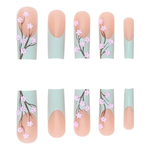 Faux ongles longs forme cercueil vert clair avec fleurs de cerisier 3D et motifs floraux