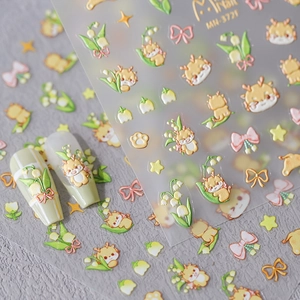 5D embossed nail art stickers set with cartoon dragon, lily of the valley and bow designs