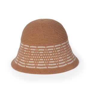 Women's autumn winter warm knit bucket hat with brown and white diamond jacquard pattern