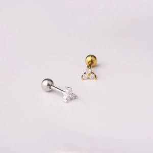Pair of 16G stainless steel stud earrings with three zircon stones in gold and silver