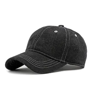 Classic black denim baseball cap with white contrast stitching and six-panel design