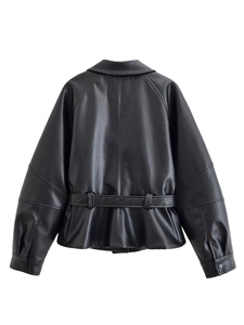 Detail view of the black leather short jacket's back with a waist belt and stitching