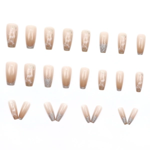 Nude and coffee gradient coffin press-on nails with silver glitter and marble texture