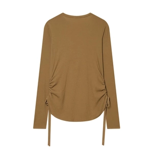 Women's brown long sleeve T-shirt with side drawstring ruched detail in soft knit