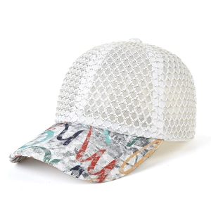 Women's white lace mesh sun hat with colorful graffiti print brim and breathable design
