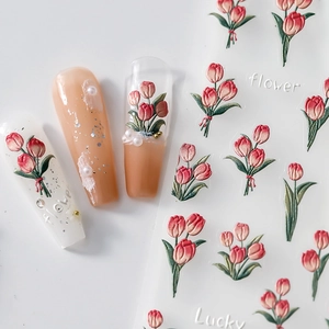 3D embossed tulip flower nail stickers with gold outlines for DIY manicure art