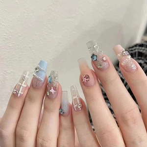 Long Coffin Press On Nails Ballerina False Nails Pink Blue Gradient Rhinestones Artificial Pearls Checkered Design Glossy