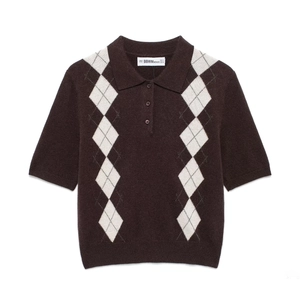 Detailed view of dark brown argyle knit polo shirt with classic collar and three buttons