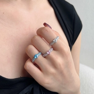 Elegant S925 sterling silver heart rings set with blue, pink, and white zircons