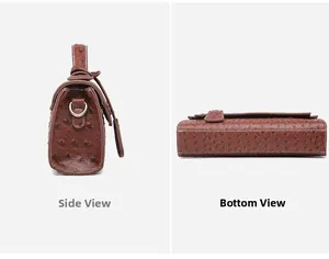 Detail view of brown ostrich pattern leather bag showing side profile and bottom base