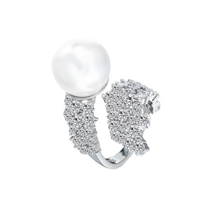 Elegant silver bypass ring featuring a large white pearl and sparkling pavé zircons