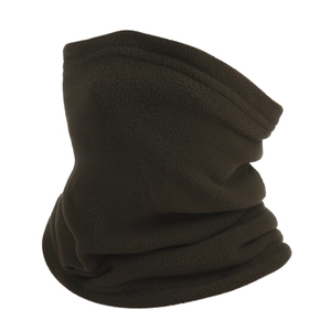 Close-up of dark brown fleece neck gaiter with double stitching for winter warmth