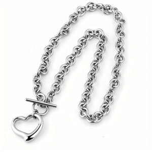 Silver hollow heart pendant necklace with chunky links and toggle clasp for women