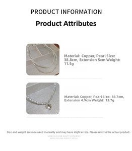 Detailed specs of pearl heart necklace with length 38.8cm and copper material info