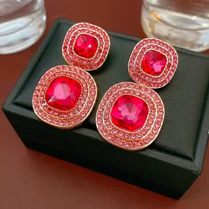 Vintage Baroque Square Drop Earrings With Silver Earring Post Alloy Red Crystal Rhinestone Palace Style For Women