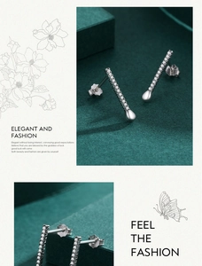 Macro detail of geometric S925 sterling silver matchstick earrings with zircon stones