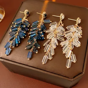 Ethnic Retro Long Tassel Drop Earrings With Silver Earring Post Copper Alloy Crystal Rhinestones For Women Star Charm