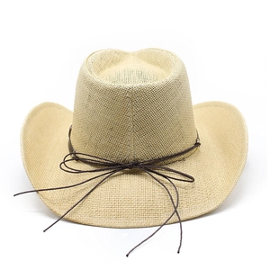 Close-up of the woven texture and brown ribbon bow on a wide brim jazz straw hat