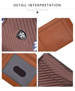 Detail of brown carbon fiber men's wallet showing multiple card slots and photo window