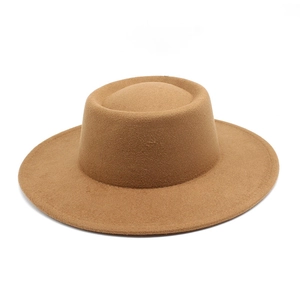 Classic camel wool felt flat top fedora hat with wide brim for men and women