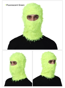 Detailed views of fluorescent green fringed knitted balaclava mask from three angles