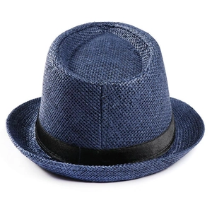 Deep blue woven linen Fedora sun hat for men and women with black satin ribbon band